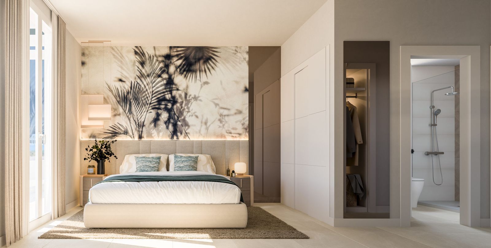 Nowoczesna sypialnia z dużym oknem, łóżkiem i garderobą.